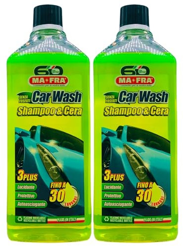2x Shampoo e Cera Auto CAR WASH. Lucidante, Protettivo, Autoasciugante. Fino a 30 Lavaggi 1000ml