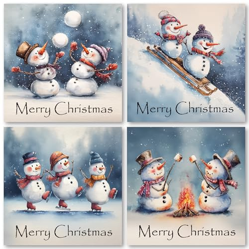 Charity Christmas Cards Pack of 32. Each Christmas Card multipack has 4 different Fun Snowmen designs. Ecofriendly and UK made. Verse Inside. 115 x 115mm card size.