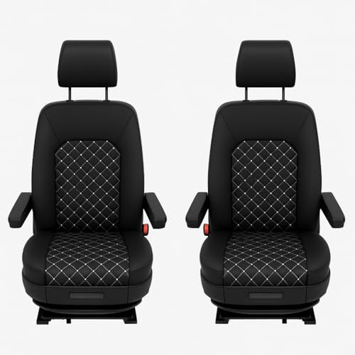 Generisch Sitzbezüge für VW T5 mit Zwei Einzelsitzen vorne, Fahrersitz und Beifahrersitz, 2 Sitzer, hochwertiges Kunstleder mit farbigen Nähten, Sitzschoner, Set 1+1 (Schwarz mit weißen Nähten)