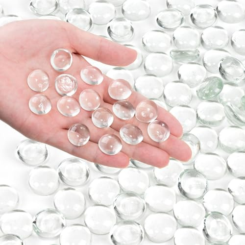 Clear Flat Glass Marbles, 1 lb Transparent Vase Filler Pebbles Gems, Decorative Glass Beads for Vases, Crafts, Floral, Mancala Stones, Centerpieces, Aquarium Rocks for Fish Tank (Approx. 80-100 PCS)