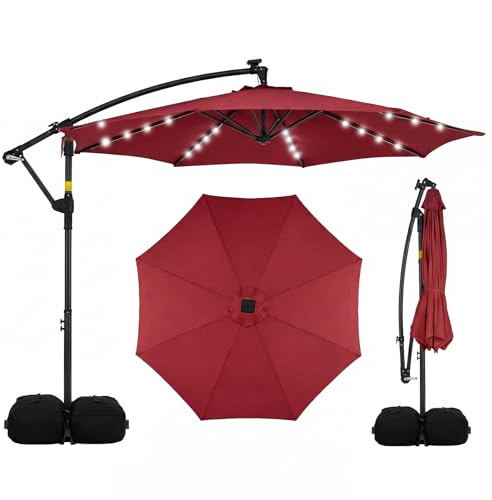 COSTWAY Sombrilla Terraza Exterior con Base, Parasol Excentrico con 32 Luces LED, Rotación de 360°, Manivela, Sacos de Arena, Sombrilla Jardín Grande para Patio Terraza (300 x 300 cm（con Luz）,Vino)