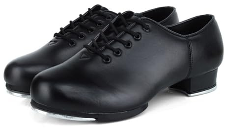 Hixingo Low Heel Tap Shoes for Women and Man Size 4-9.5, Tap Dance Shoes Adult Split Sole Wide Fit Leather Close Toe Comfortable with Fitted Toe and Heel Taps for Dance (2916 Black,5.5)