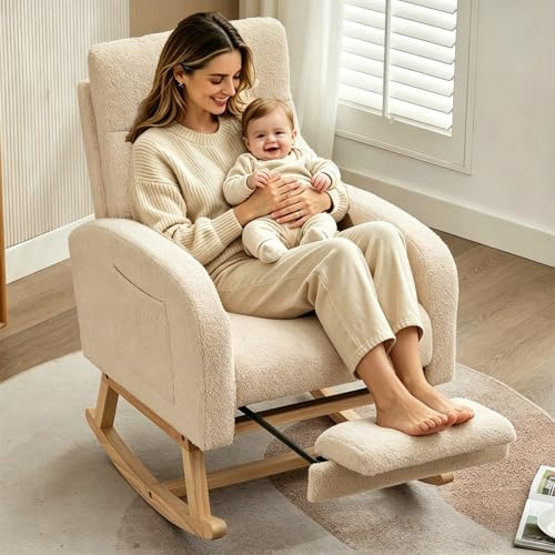 Rocking Chair for Adults with Footrest, Lambswool Wooden Nursing Chairs with High Backrest Armrest and Large Side Pocket, Ergonomic Support for Nursery, Max Load 150kg, Living Room, Bedroom (Beige)