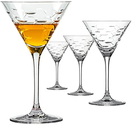 Rolf Glass School of Fish Martini Glass - Set of 4 Stemmed 10 oz. Martini Glasses - Lead-Free Glass - Diamond-Wheel Engraved Cocktail Glasses - Made in the USA