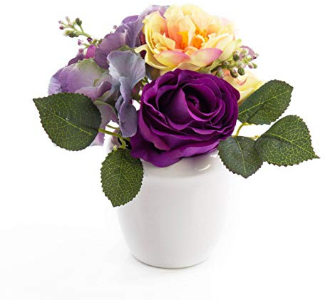 artplants.de Künstliches Rosen, Hortensien Gesteck Feline im Keramiktopf, Creme - lila, 20cm, Ø 23cm - Kunstblume - künstliche Blumen