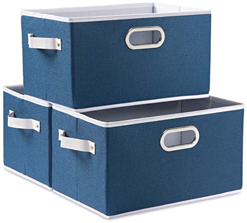 Prandom Cestas de almacenamiento plegables grandes para armario Cubos de almacenamiento de tela con asas de cuero/metal para estantes Sala de estar Azul real (38x25x21cm) [paquete de 3]