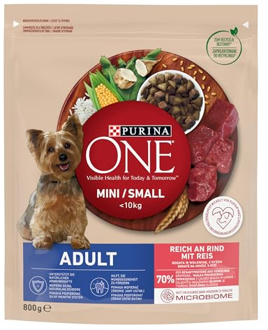 PURINA ONE Mini/Small Adult Hundefutter trocken für kleine Hunde, reich an Rind & Reis, 8er Pack (8 x 800g)
