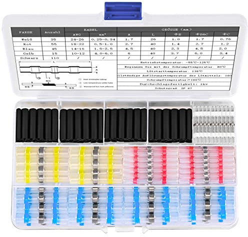 Raoclay Cosse Thermoretractable Soudure 260pcs, 4 Tailles de Etanche Manchon Thermosoudable Connecteur a Souder und Gaine Thermorétractable Noire, avec un Taux de Retrait de 2:1