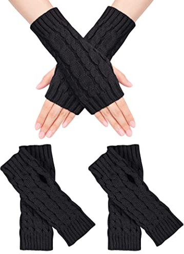 MELLIEX 2 Paar Handschuhe Fingerlos, Winter Pulswärmer Handschuhe Unisex, Strick Handstulpen Damen(Schwarz)
