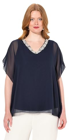 Ulla Popken Womenswear 820509 - Blusa de Gasa con Cuello en V y Curvas, Talla Grande, Azul Marino, 24-26