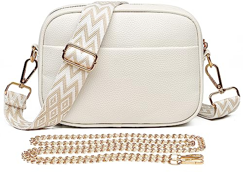 TIAASTAP Crossbody Bags for Women - Leather Handbags & Shoulder Bags Ladies Camera Cross Body Bag with Adjustable Wide Strap and Chain for Travel Shopping Work (White)