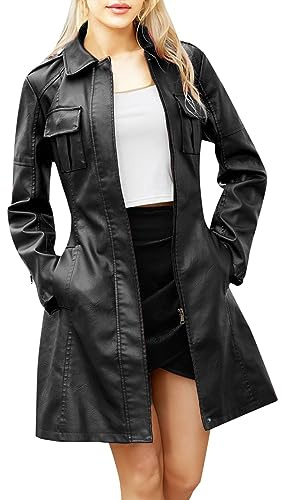 Veste Cuir Femme Grandes Tailles- Blouson Moto Femme à Revers,Manteau Femme Manche Longue Couleur Unie Avec Poches Coats Mode Mi-Long Avec Ceinture Slim Fit épaississement Chaud Hiver Vestes