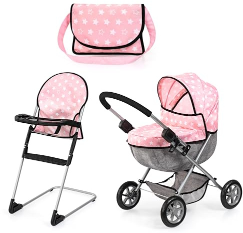 Bayer Design 13730AB Carrozzina per bambole, passeggino giocattolo, pieghevole, con borsa, seggiolone