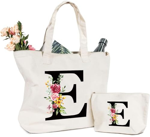 Letras Personalizadas Bolsa de lona, Bolso Tote de Mujer con Inicial y Flores Bolsa de Compras con Bolsillo Interior Alfabeto Bolso de Cosméticos Regalos para Damas Amigas Mamá Regalo Cumpleaños(E)