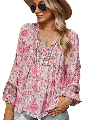 CNTSFS Bluse Damen Elegant Lässige Boho V-Ausschnitt Blumenmuster Lose Tunika Damen Langarm Sommer(Rosa L