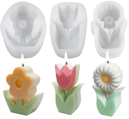 Golgner 3 Pcs stampi per candele a tulipano, fiori di stampo in silicone 3D, stampi in silicone a tulipano, stampo per candele a fiori, per fusione di candele DIY, saponi, artigianato in resina