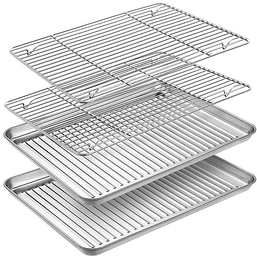 Baking Tray & Rack Set [2 Sheets + 2 Racks], Stainless Steel Non Stick Oven Tray with Rack, Large Cookie Sheet Pan for Baking Cooking, Heavy Duty, Easy Clean, Dishwasher Safe (9 x 7 x 1 inch)