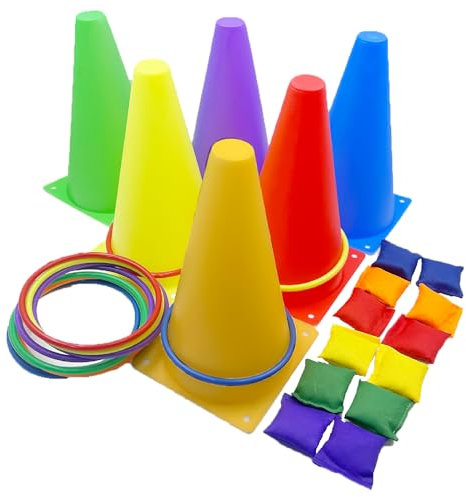 3-in-1 Karnevals-Spiele-Set, weiche Kunststoffkegel, Sitzsäcke, Ringwurfspiele für Kindergeburtstag, Party, Outdoor-Spiele, Zubehör, 28-teiliges Kombi-Set