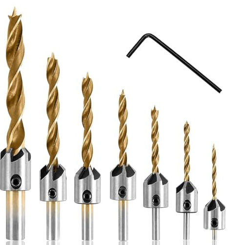 Bohrsenker, 7tlg Holzbohrer Bohrer mit Senker Senkbohrer Holz Spiralbohrer Set mit Loch Reibahle Zapfenbohrer 90° Kegelsenker Senkbohrung Holzspiralbohrer für Holzverarbeitung