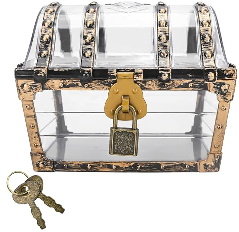Treasure Chest Box, Small Pirate Treasure Case with Lock and Key, Transparent Jewelry Storage Container Display Toy Candy Seashell Gemstone Crystal Keepsake Gift, Retro Nautical Home Decor 5''x4.5''