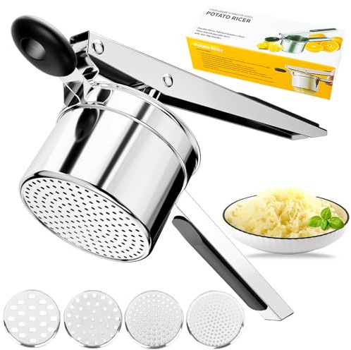 KAYCROWN Potato Ricer With 4 Discs, Heavy Duty Stainless Steel Potato Masher and Ricer for Mashed Potatoes Tool, Spaetzle Maker Lemon Squeezer