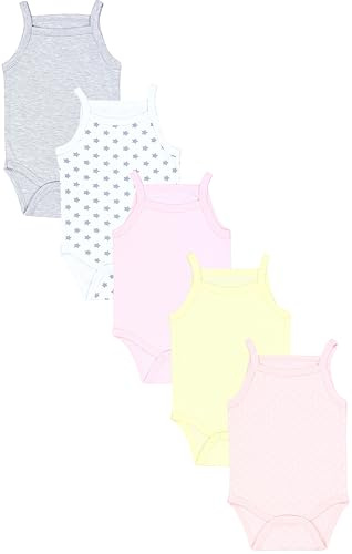 TupTam Body Neonato Bambina 5 Pezzi – Body Neonato in Cotone con Spalline, Perfetto per l’Estate, Giallo Rosa chiaro Stelle Grigio Puntini, 92