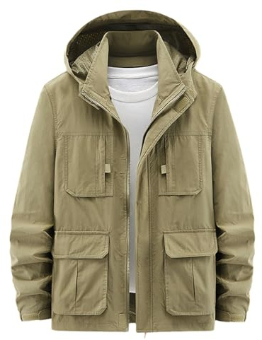 Foweknow Men's Cargo Military Outdoor Jacket Windproof Field Jacket Fashionable Functional Jacket Softshell Jacket Windproof Lightweight Sporty Work Jacket Transition Jacket with Pockets, khaki, L