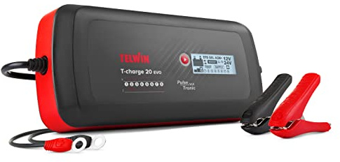 Telwin T-Charge 20 EVO 12V/24V Cargador multifunción, Mantenedor de Carga y Comprobador con Pantalla LCD para baterías de automóviles y vehículos con tecnología Pulse Tronic, 100-240V