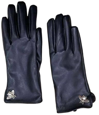 XUWEWI Läderhandskar för damer vinter och höst PU-läderhandskar för kvinnor helfinger metall sött bi varma damer, Svart, en storlek