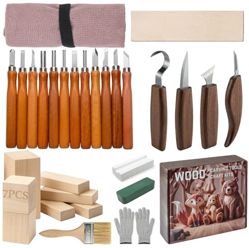 31 Pcs kit de sculpture sur bois avec ciseaux à bois pour DIY, 16 couteaux