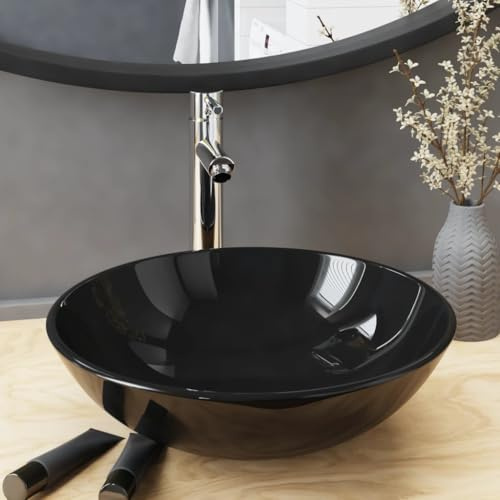 Genérico Lavabo de baño Grifo y desagüe de Empuje Vidrio Templado negro-3098449