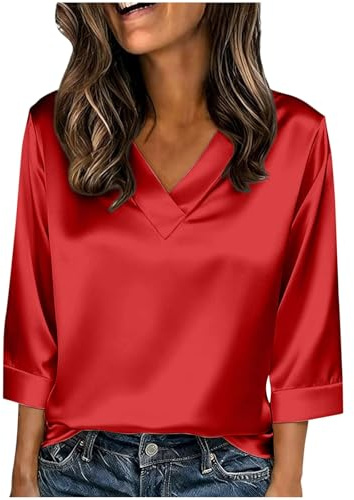Generico Camicia Donna Manica a 3/4 in Raso di Seta Maglietta Estivi Elegante Blusa Scollo a V Casual Classico Tinta Unita Camicetta Donna Magliette
