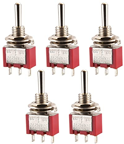 Heschen Mini Momentary Toggle Switch MTS-123, (ON)-OFF-(ON) SPDT, 3 Pin, 2A 250V, 5A 125V, Pack of 5