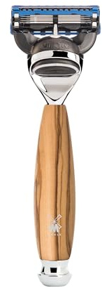 MÜHLE Vivo Systemrasierer kompatibel mit Gillette-Klingen - Griff aus edlem Olivenholz, verchromte Metallakzente