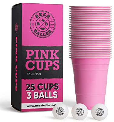BeerBaller® Pink Cups - 25 pinke Beer Pong Becher & 3 Bier Pong Bälle | spülmaschinenfest & wiederverwendbar | 473ml - 16oz Partybecher | rosa Bierpong Becher Set | Original American Beerpongbecher