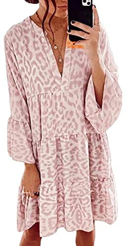 ORANDESIGNE Damen Kleider Strandkleid Boho Tunika Sommerkleid V-Ausschnitt Blumenkleid Lose A-Linie 3/4-Arm Tunika Mini Kleider C Rosa M