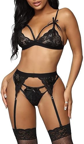 JFAN Pizzo Lingerie Donna Scollo V Completi Intimi Giarrettiera Lace Reggiseno Biancheria 3 Pezzi Nero S