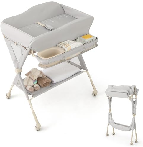 HONEY JOY Changing Table, Folding Mobile Diaper Nursery Organizer w/Wheel, 3 Adjustable Heights, Storage Bag & Open Shelf, Water Basin, Portable Baby Changing Station for Newborn Infant(Gray)
