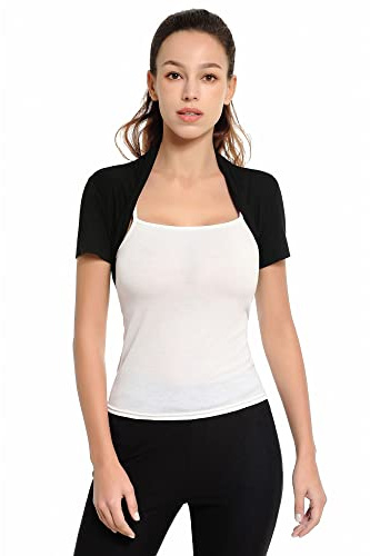 AmélieBoutik Women Short Sleeve Open Front Bolero Cropped Cardigan Shrug(Black Medium)