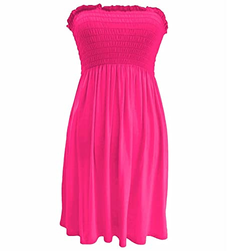 STAR FASHION Women’s Strapless Sheering Ruched Bandeau Dress Plain Boob Tube Sleeveless Midi Dress Summer Holiday Beach Flared Dress Soft Stretch Neon Pink UK 8-10