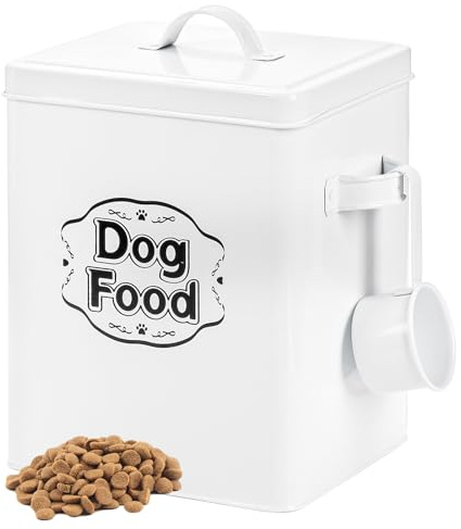 Youeon 5-7 Lbs(25 Cup) Metal Dog Food Storage Container with Lid and Scoop, Airtight Dog Treat Container, Farmhouse Pet Food Storage Container, Cute Dog Food Canister, Gift for Dogs and Owners, White