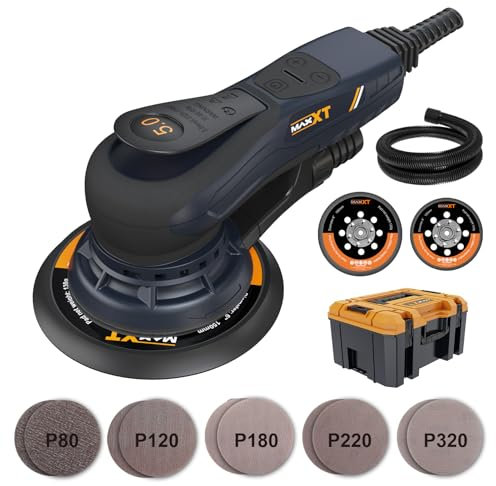 MAXXT Lijadora orbital 5,0mm sin escobillas | Plato doble 150mm & 125mm | Motor EC 350W | 4000-10000 RPM | Caja moldeada | 20 hojas para madera y pulido