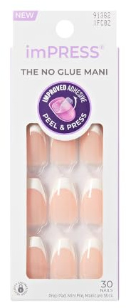 Kiss Impress No Glue Mani Press On Nails, Ideal, Classic French Manicure Kit, 30 Light Neutral + White Tip, Short, Coffin Shaped, With IMPROVED Adhesive, Includes Prep Pad, Manicure Stick & Mini File