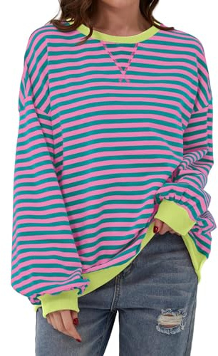 Women Striped Color Block Oversized Sweatshirt Crew Neck Long Sleeve Shirt Pullover Top Casual Loose fit Sweater (Pink Greenish,M)