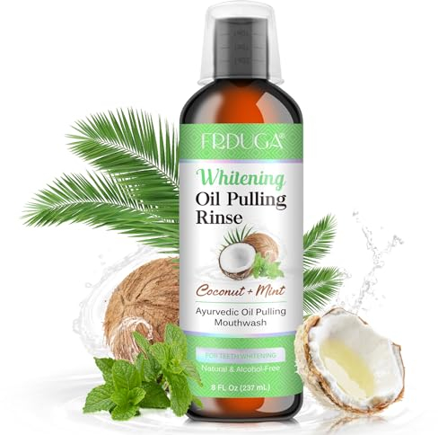 Coconut Mint Oil Pulling 237 Ml(8 Fl.Oz), Whitening Pulling Oil with Tongue Scraper, 7 Essential Oils & Vitamins for Teeth to Helps with Fresh Breath, Teeth Whitening, Gum Health- with Tongue Scraper