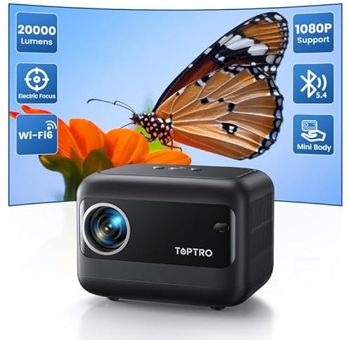 TOPTRO Mini Projecteur Portable Focus Électrique, 20000 Lumens Videoprojecteur Portable 1080P Full HD WiFi6 Bluetooth 5.4 Projecteur 4K, Rétroprojecteur Home Cinéma avec iOS/Android/PC/HDMI/TV Stick