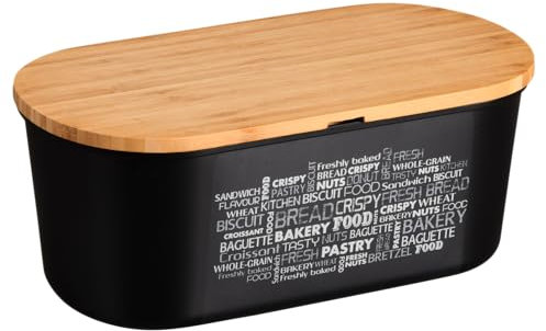 KESPER® | Boîte à pain avec planche à découper en bambou - Matériau : plastique (PET), bambou - Certifié FSC®, passe au lave-vaisselle, hygiénique et neutre au goût, dimensions : 34 x 14 x 18 cm, noir
