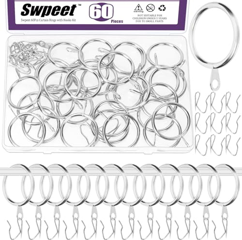 Swpeet 60pcs 32mm / 1,3 Inre diameter Sliver metall gardinring med Pin-on draperi krokar sortiment kit, draper glidande ögon ring metall gardin krokar, för fönster dörr dusch gardin