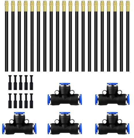 HUAZIZ 20 ugelli per irrigazione, regolazione dell'ugello della nebbia 20 cm, sistema di nebbia con 5 connettori tipo T da 8 mm + 10 connettori da 8 mm per irrigazione, serra, prato