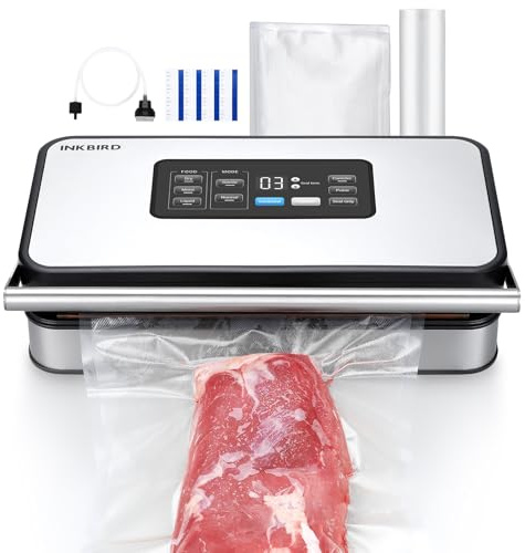 INKBIRD Vakuumiergerät, Folienschweißgeräte für Lebensmittel mit Trocken-/Nass-/Flüssigkeitsmodus,Doppelpumpe, 20L/min, geräuscharm,integrierter Schneider, Rollen und Beutel im Lieferumfang enthalten